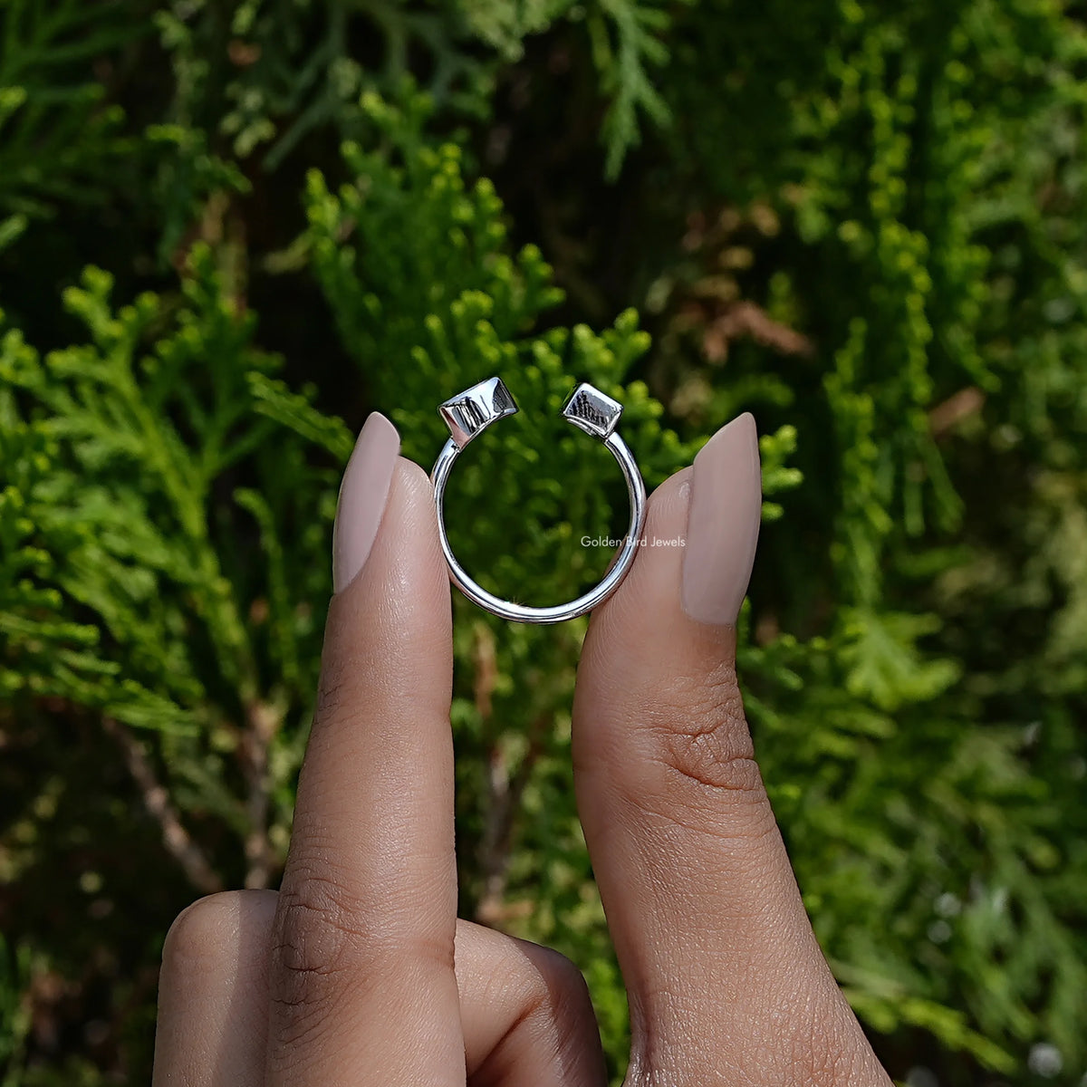 Side view of baguette cut moissanite Ring in white gold