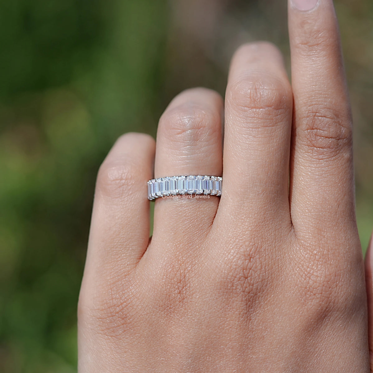Top View Of baguette cut eternity wedding band 
