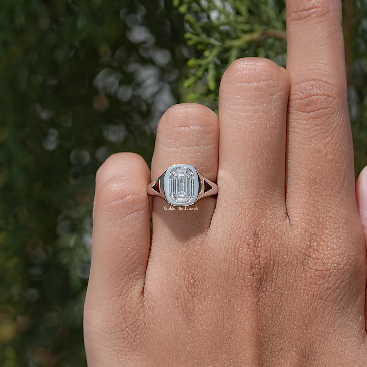 Emerald Cut Moissanite Bezel Set Engagement Ring
