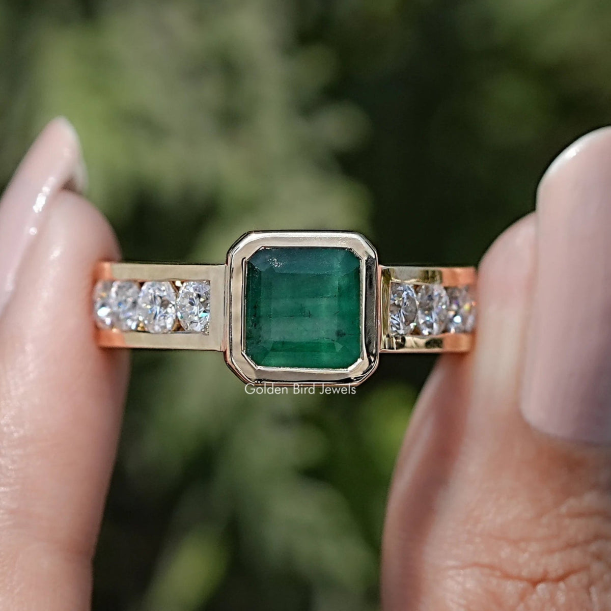 Front view of Bezel Set Asscher Gemstone Accent Engagement Ring	