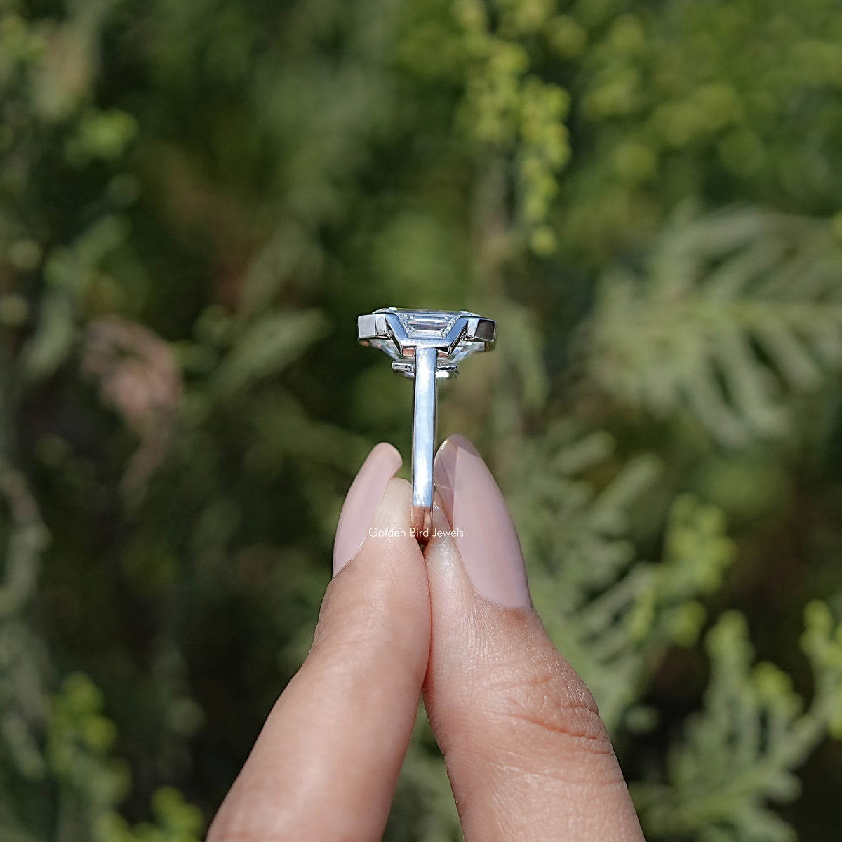 Side View of Bezel Set Emerald Cut Lab Diamond Halo Ring