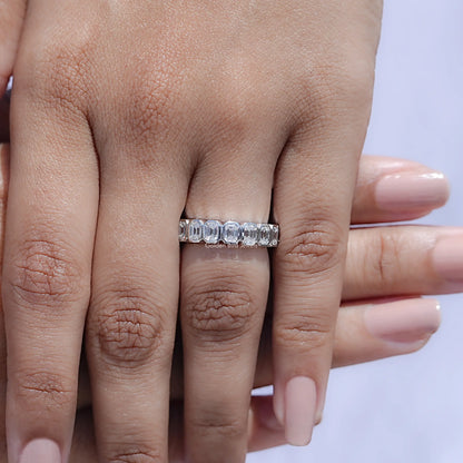 View of Bezel Set Emerald Cut Full Eternity Band in prongs setting