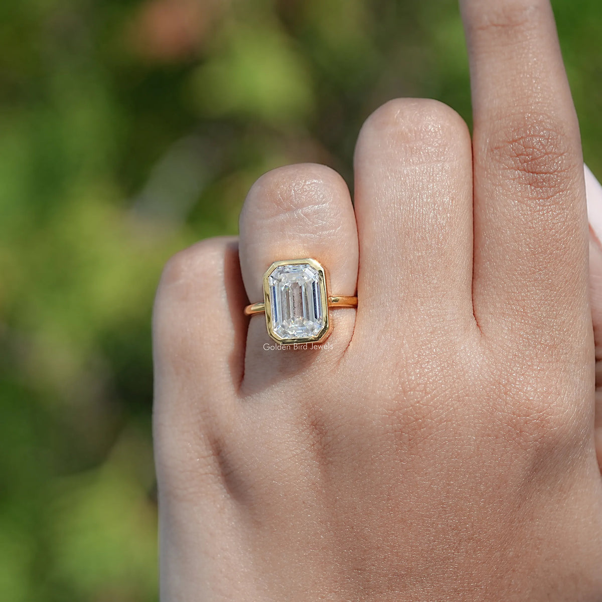 Top View Of Old Mine Moissanite Emerald Cut Ring