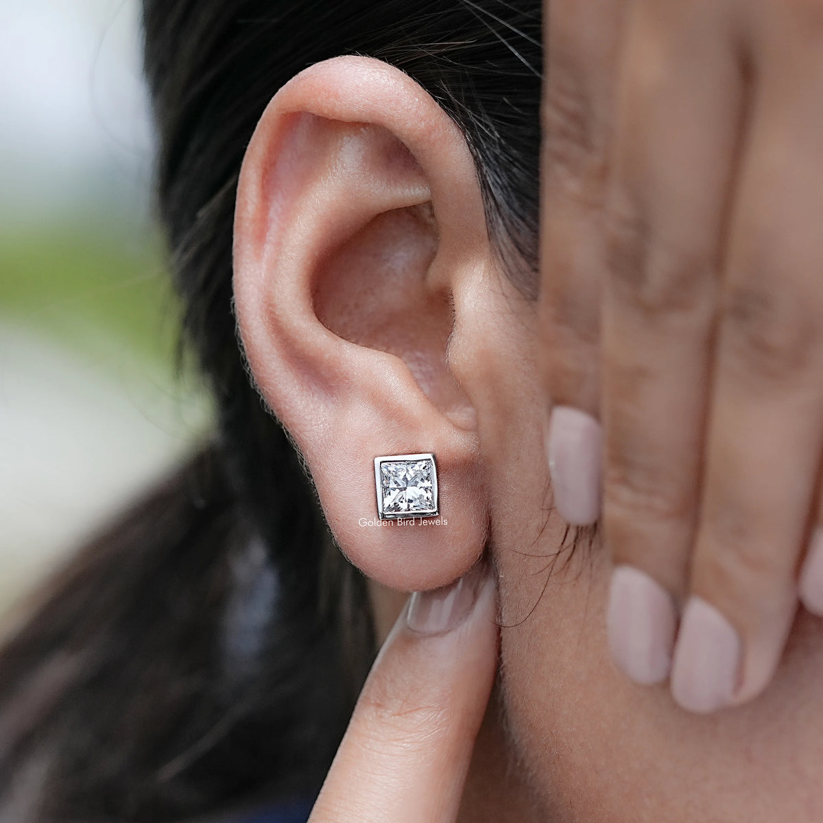 Display view of Stud Earrings in Princess Shaped Lab Diamond