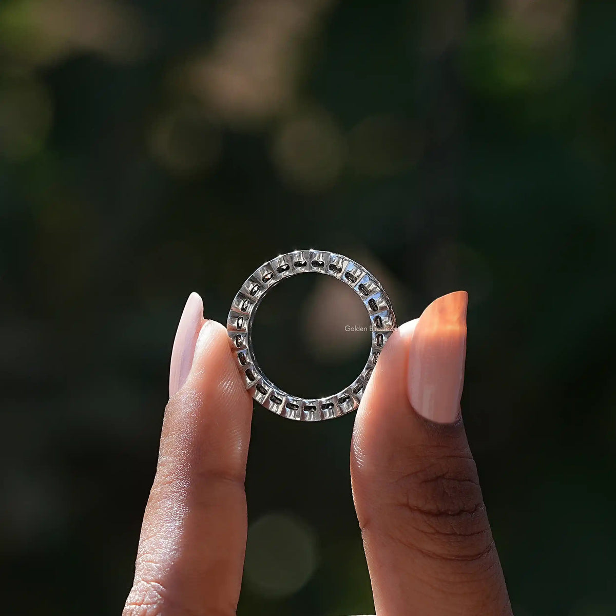 Back View of Round Cut Lab Grown Diamond Wedding Band In two fingers