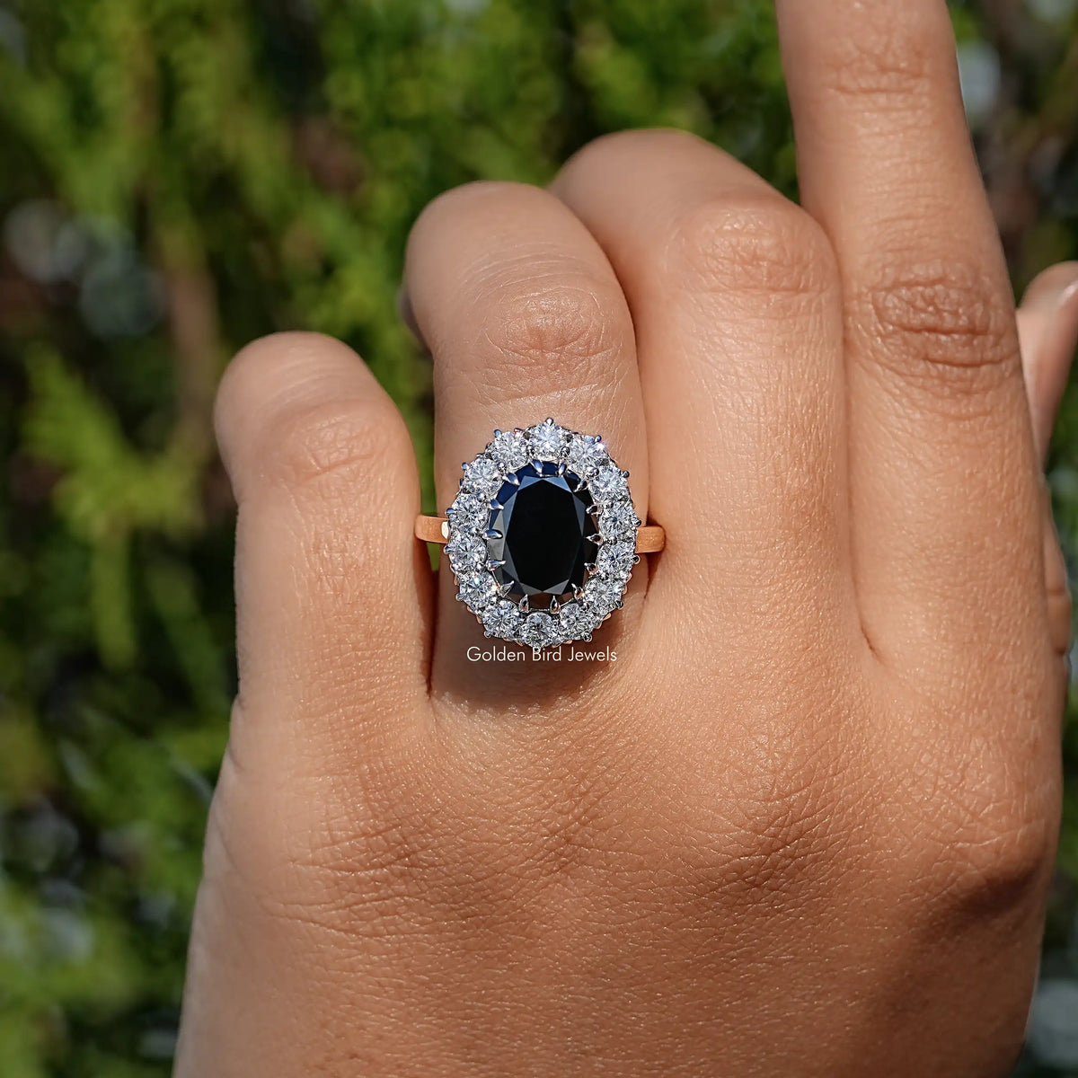 Detailed View Of Black Oval Shape Moissanite Halo Engagement Ring
