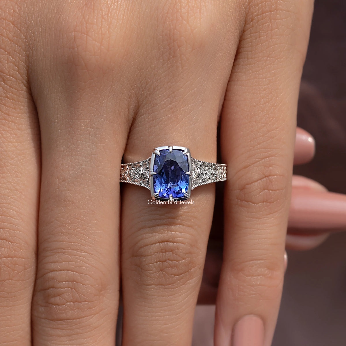 Tanzanite cushion-cut accent ring with silver-toned filigree band