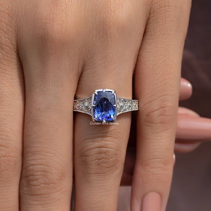 Tanzanite cushion-cut accent ring with silver-toned filigree band
