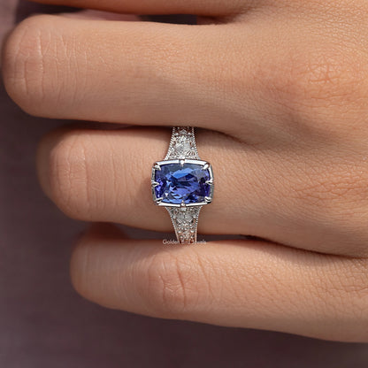 Tanzanite cushion-cut accent ring with pavé silver band