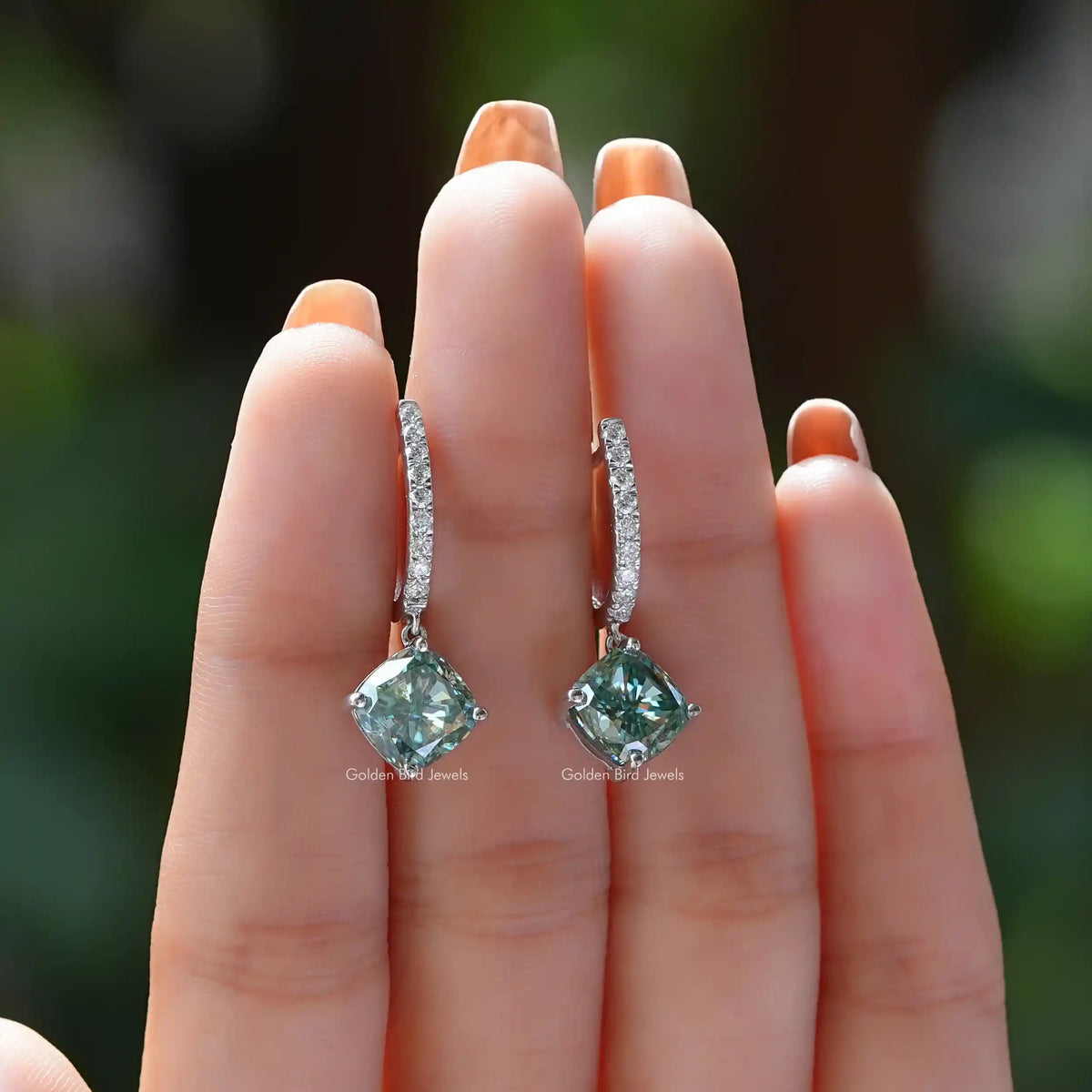 Cushion-cut blue-green moissanite drop earrings with pavé silver hoops