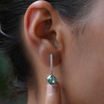 Cushion cut blue green moissanite drop dangle earring on ear