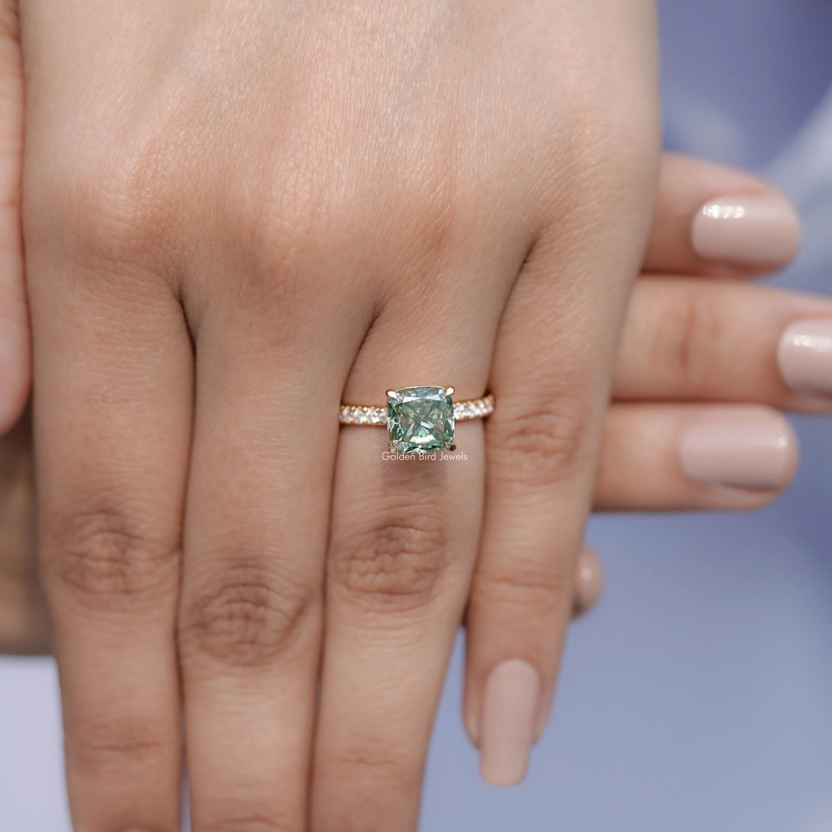 Close view of Cushion Cut Moissanite Engagement Ring