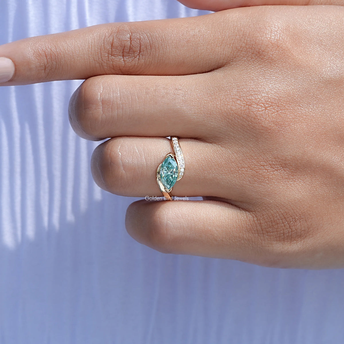 East West Blue Marquise Moissanite Bypass Ring 
