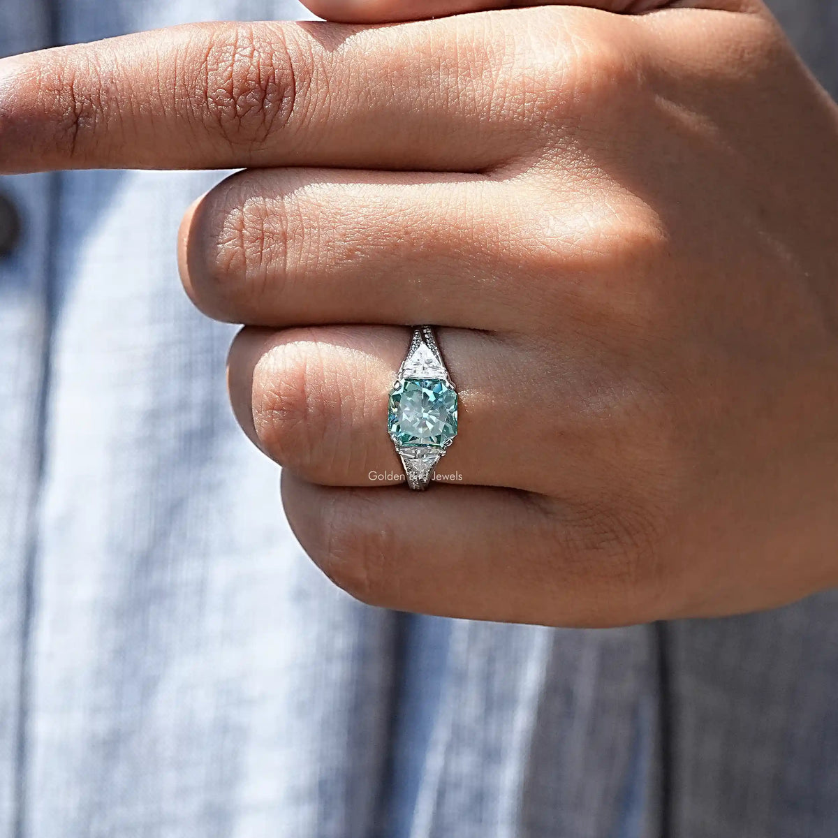 View of Blue Radiant Cut Moissanite Engagement Ring In finger