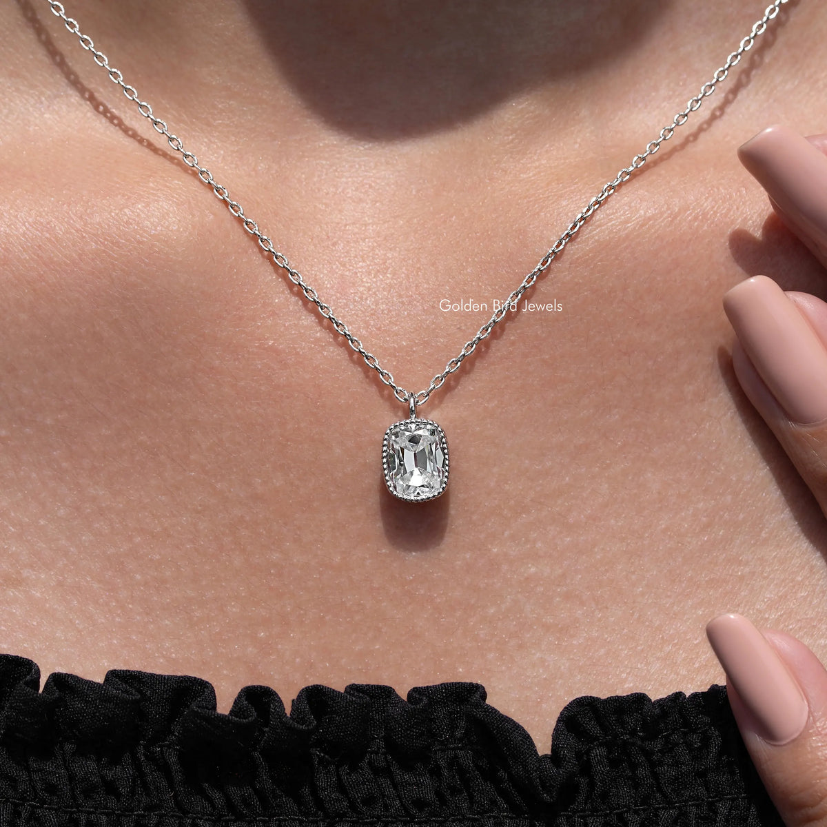 Cushion-cut moissanite solitaire pendant necklace, silver chain with clear center stone