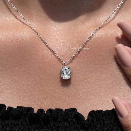 Cushion-cut moissanite solitaire pendant necklace, silver chain with clear center stone