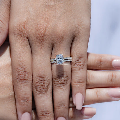 Lab grown diamond ring with cushion-cut center stone and pavé band