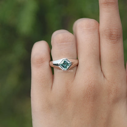 In finger front view of Moissanite Engagement Ring in Asscher Cut Stone