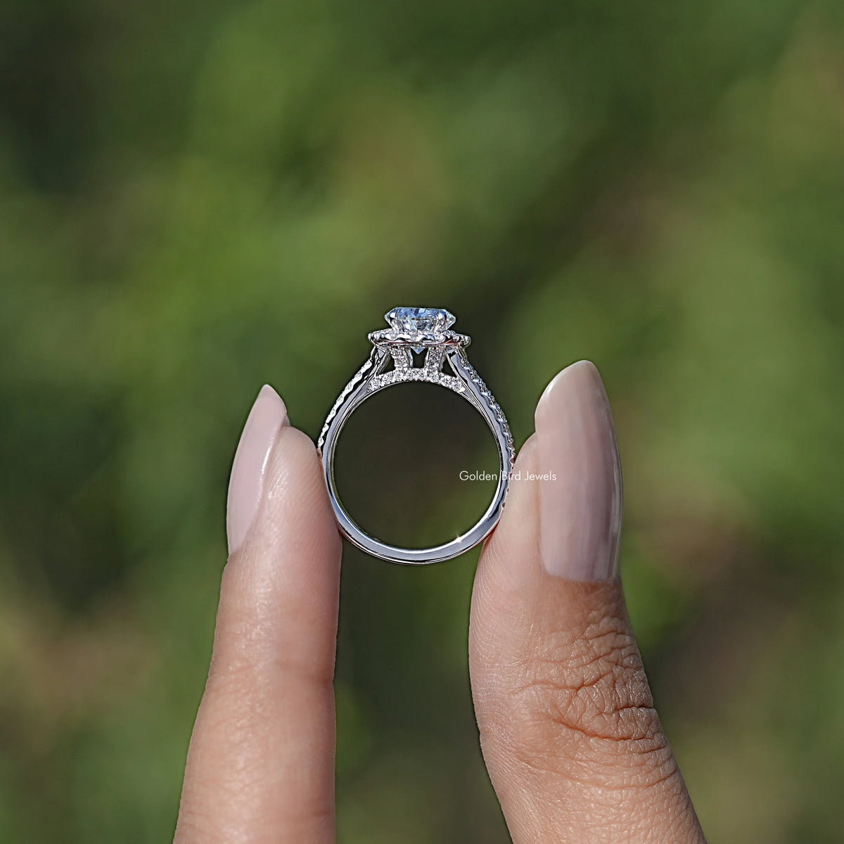 Back view of Halo Diamond Split Shank Engagement Ring in secure setting 