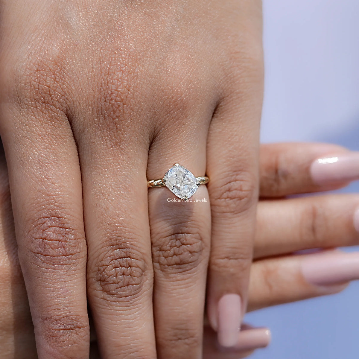 Close view of Cushion Cut Moissanite Solitaire Ring