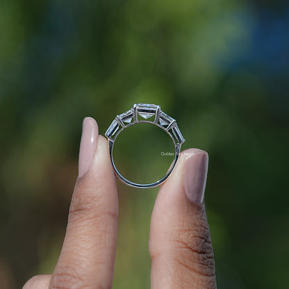Back View of Princess Cut Diamond Five Stone Ring In two fingers