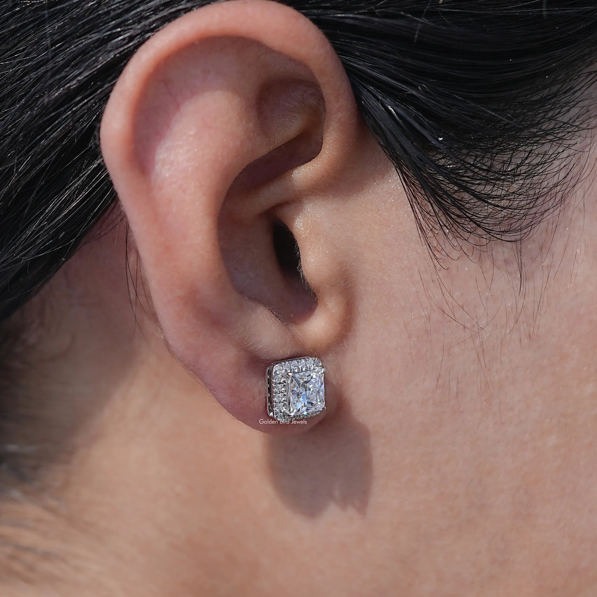 Front View of Princess Cut Diamond  Stud Earrings In White Gold