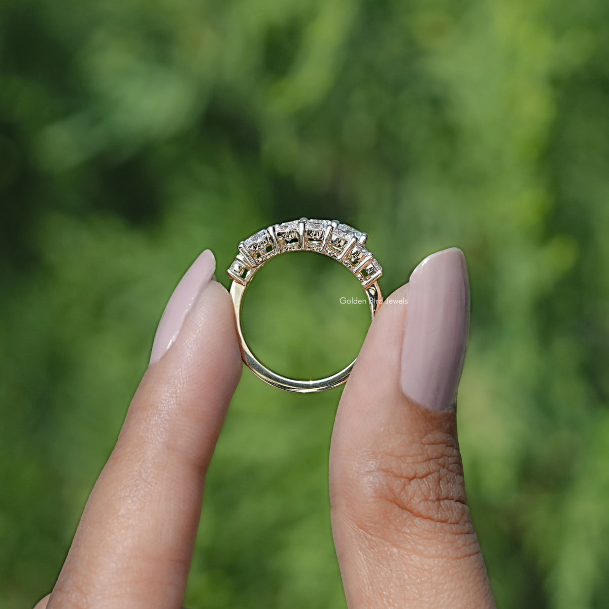 Back view of Lab Diamond Bypass Wedding Band  in secure setting 
