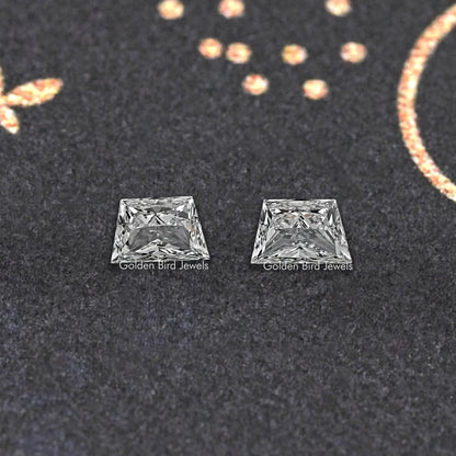 Trapezoid-cut lab diamond stud pair with symmetrical front view