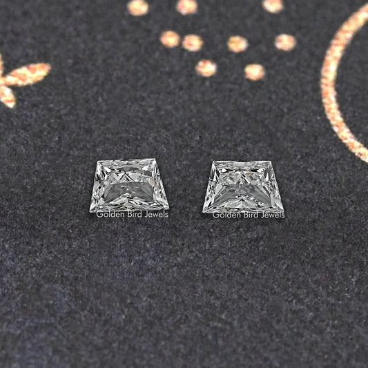 Trapezoid-cut lab diamond stud pair with symmetrical front view