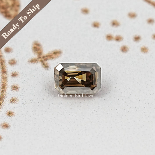 Emerald-cut moissanite loose stone, dark smoky faceted emerald cut