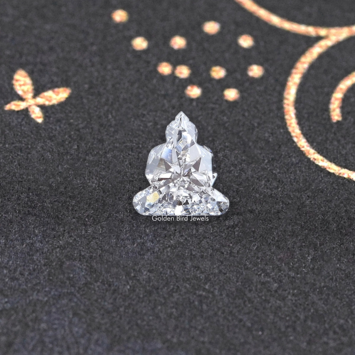 Lab-grown diamond on prongs, triangular cluster cut with faceted sparkle