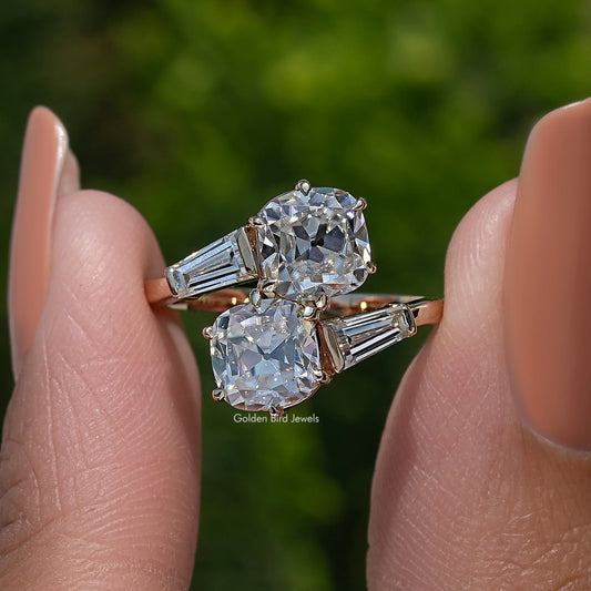 White metal double-cushion bypass engagement ring with baguette side stones