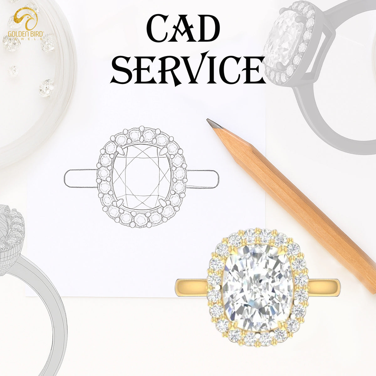 Gold diamond halo ring with CAD design render and gemstone detail