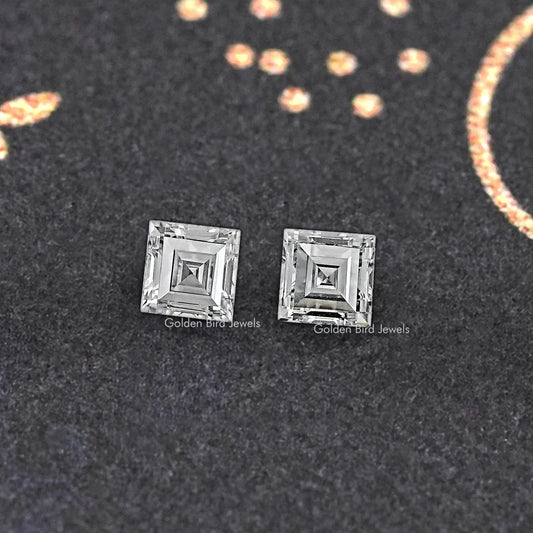 Matching pair of square step-cut lab diamond stud earrings