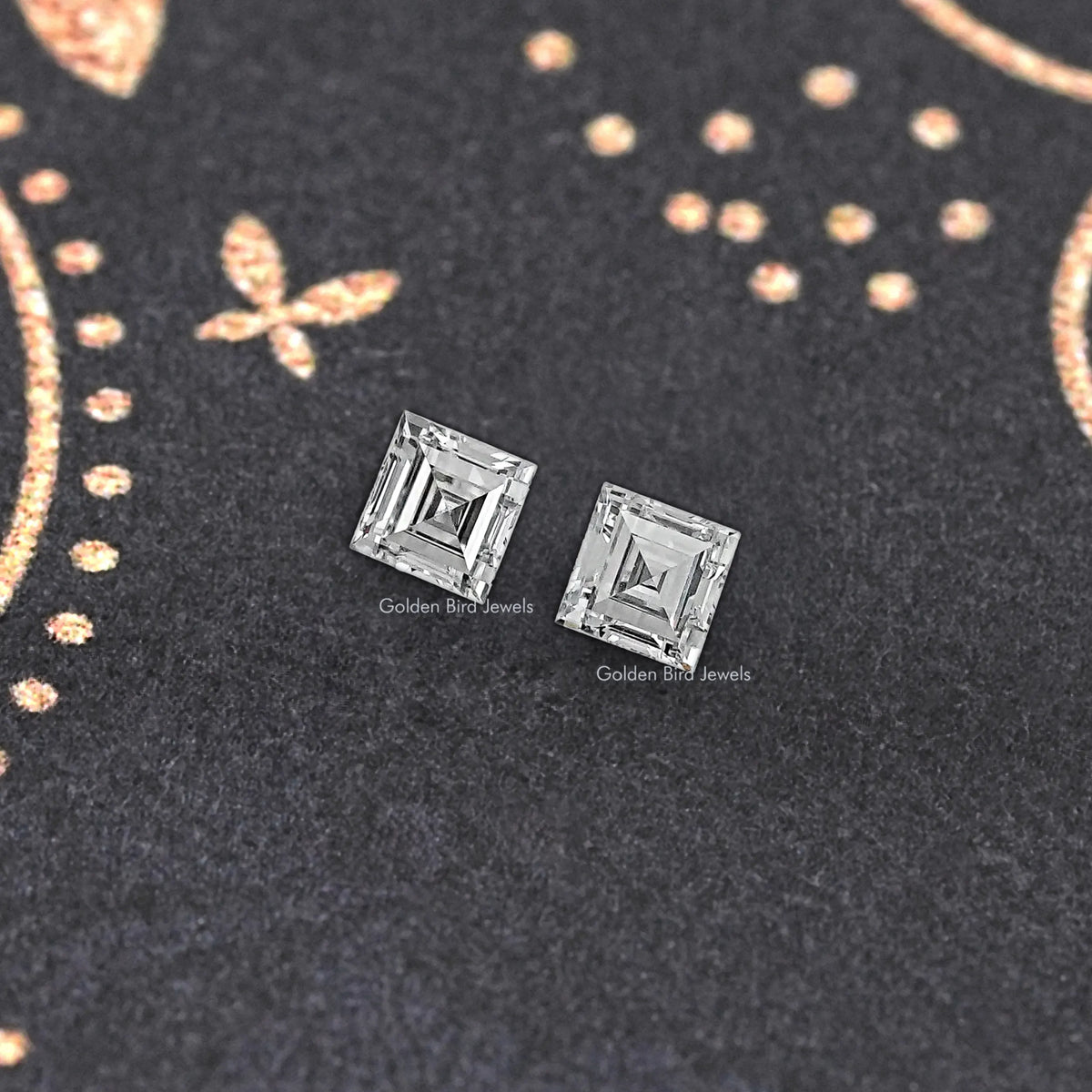 Two square lab diamonds with step facets, matching stud earrings