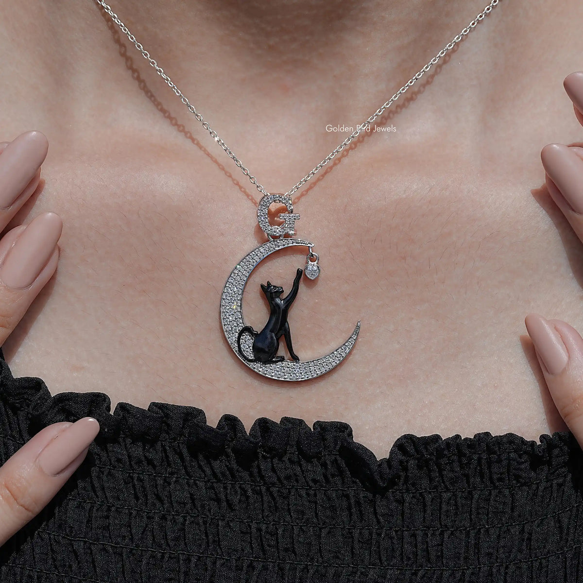 close view of Cat And Moon Cut Moissanite Pendant
