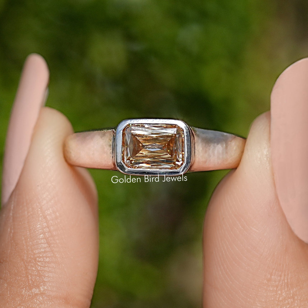 Champagne criss-cut rectangular moissanite solitaire ring, silver bezel prong frame