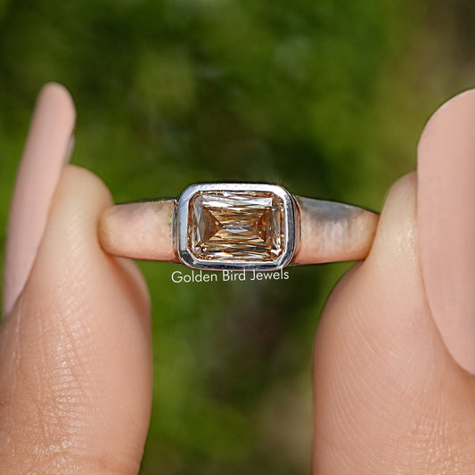 Champagne criss-cut rectangular moissanite solitaire ring, silver bezel prong frame