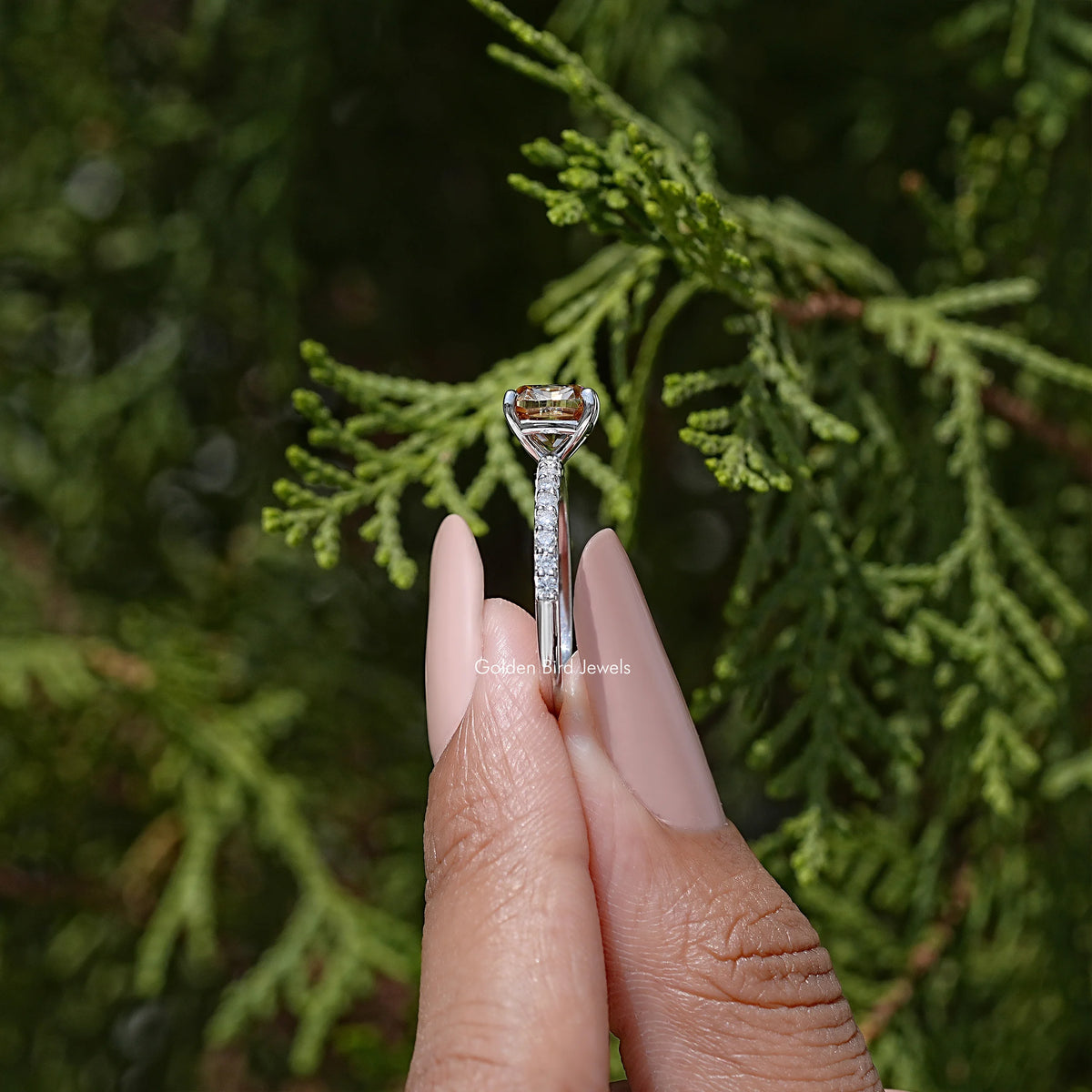 Cushion cut moissanite engagement accent ring in 925 sterling silver, side view