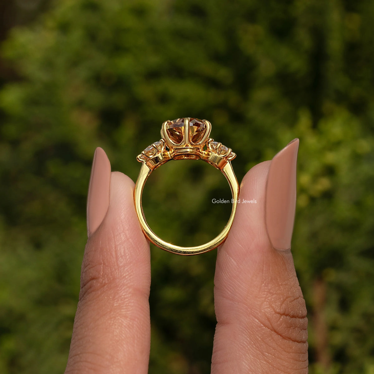 Three-stone ring front view, oval center with round side stones in gold setting
