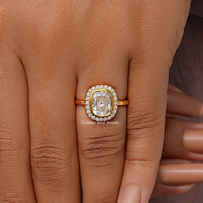 Cushion old mine cut halo moissanite ring on finger