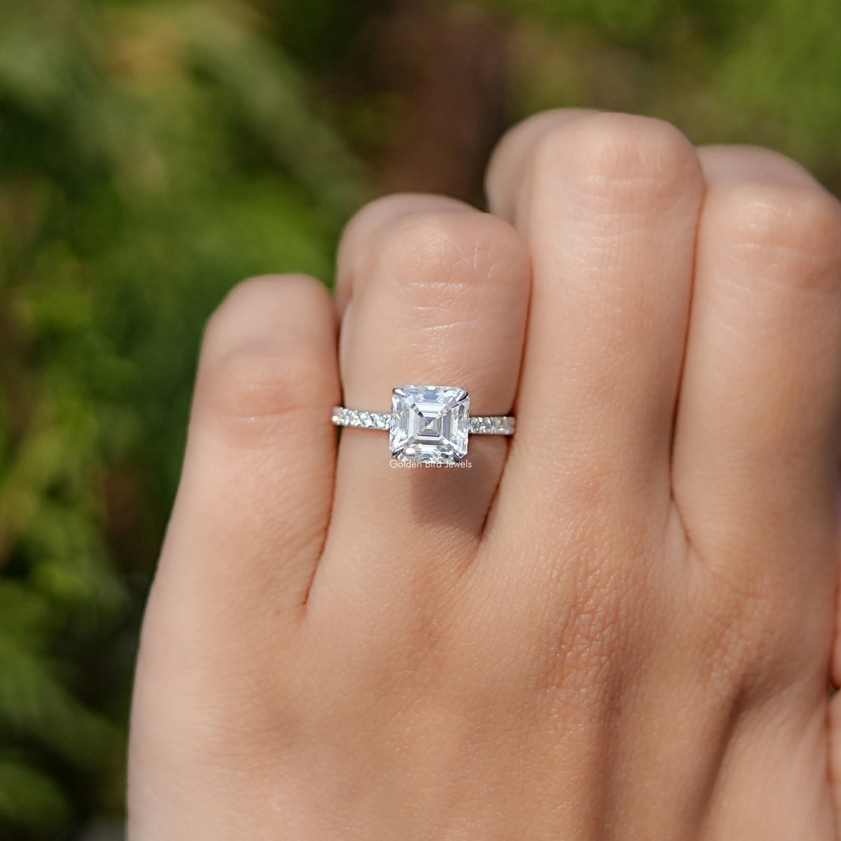 In Finger view of Asscher Shaped Moissanite Engagement Ring.
