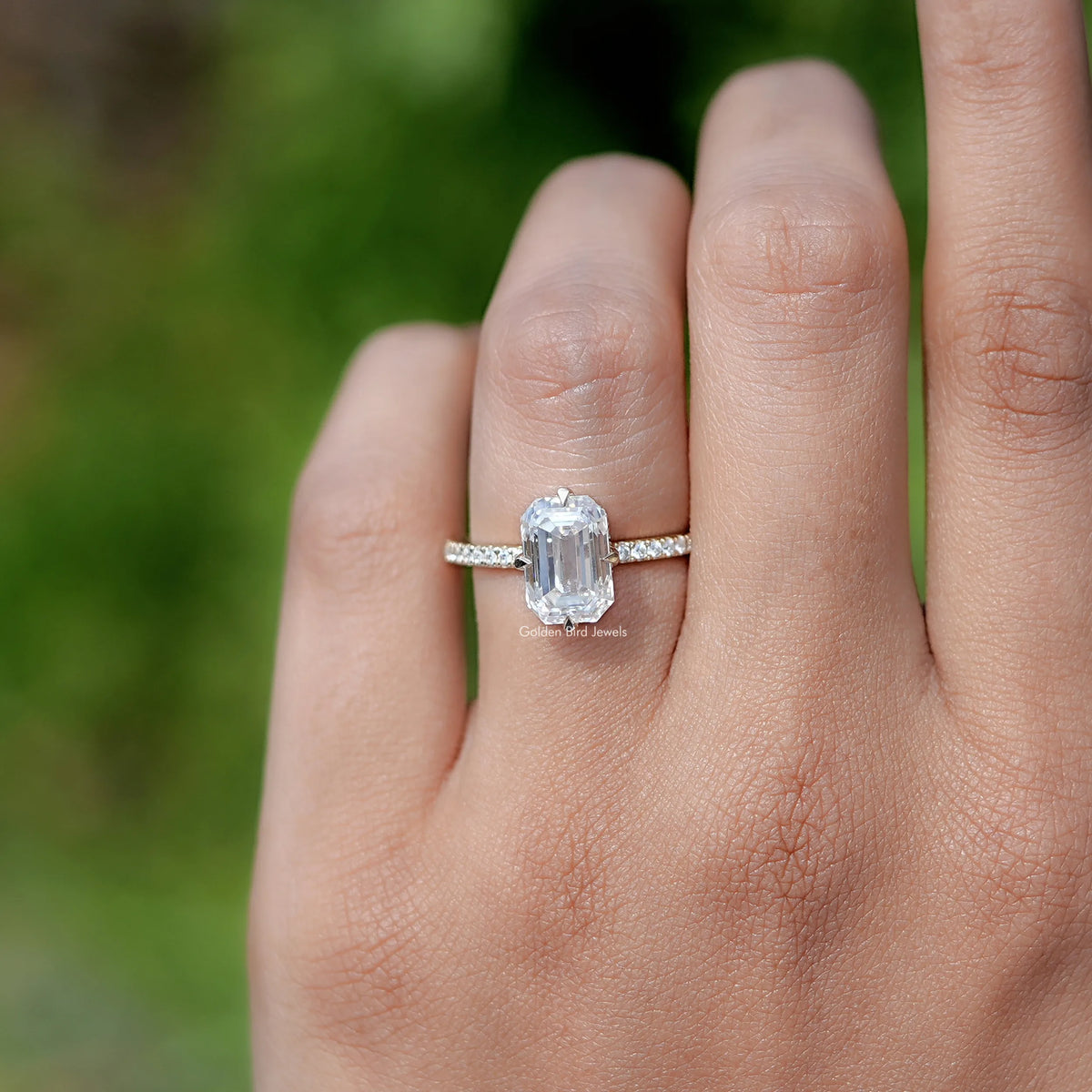 In finger Emerald Cut Moissanite Engagement Ring