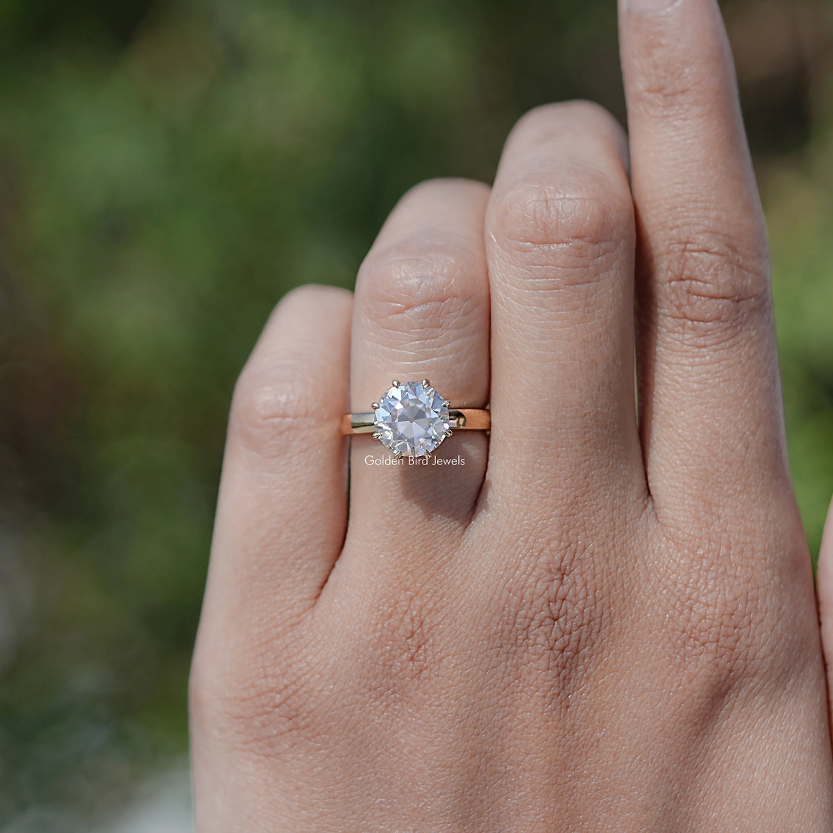 In front finger View Of Round Moissanite Solitaire Ring