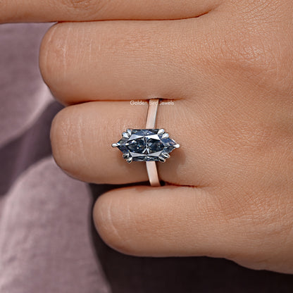 Marquise moissanite solitaire ring, close-up of marquise center stone on slim band