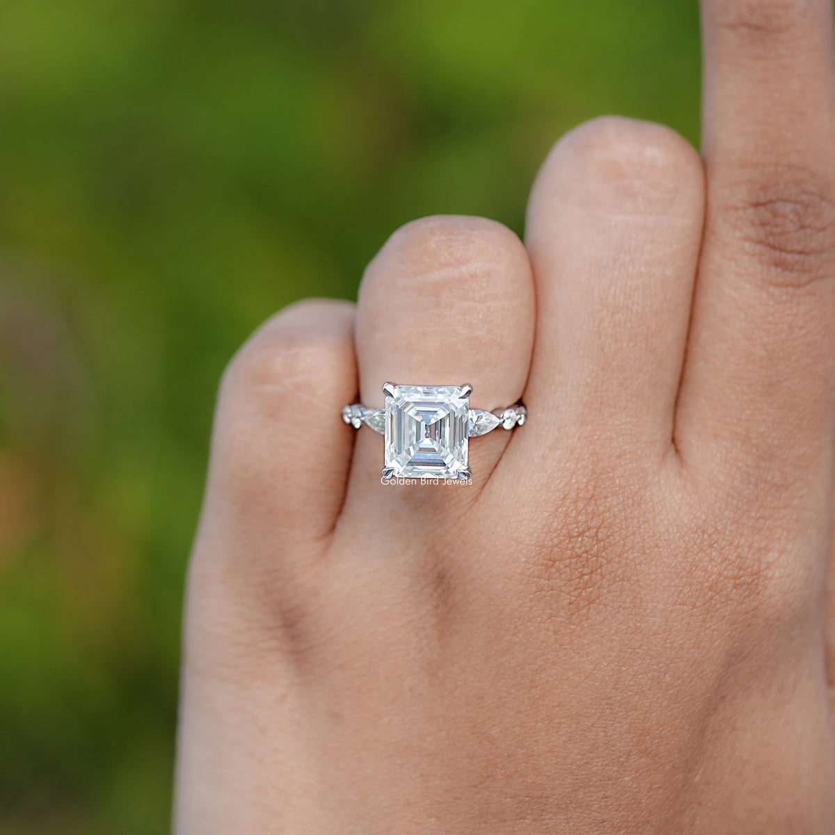 Top View Of Colorless Old Mine Asscher Moissanite Accent Ring