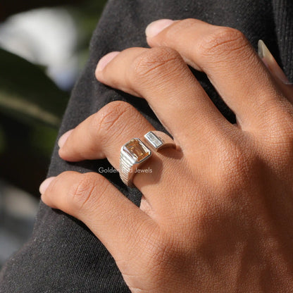 Open cuff two-stone ring with square amber center stone and clear square accents
