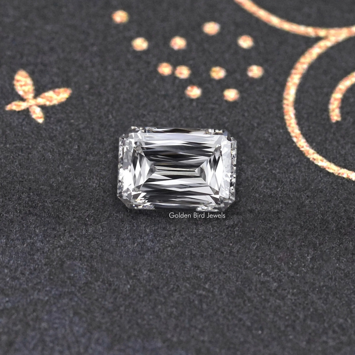 Square emerald-cut lab-grown diamond with sharp step facets, clear color