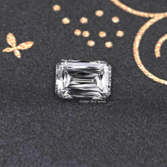 Square emerald-cut lab-grown diamond with sharp step facets, clear color
