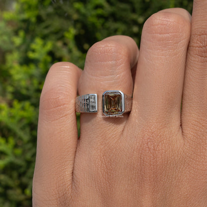 925 sterling silver two-stone ring with square brown center and clear baguette stones